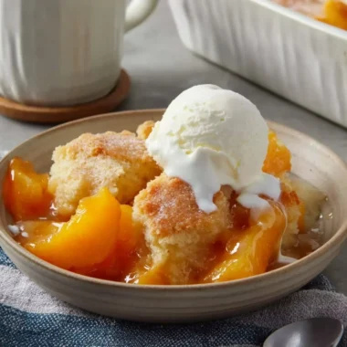 Quick and easy peach cobbler topped with vanilla ice cream.
