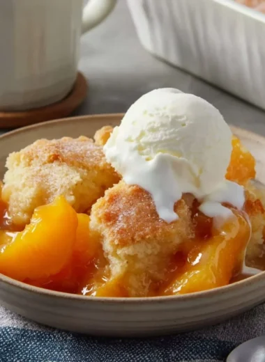Quick and easy peach cobbler topped with vanilla ice cream.