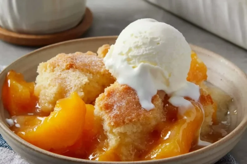 Quick and easy peach cobbler topped with vanilla ice cream.