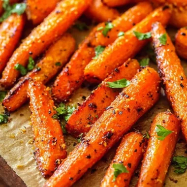 Plate of roasted garlic parmesan carrots garnished with parsley