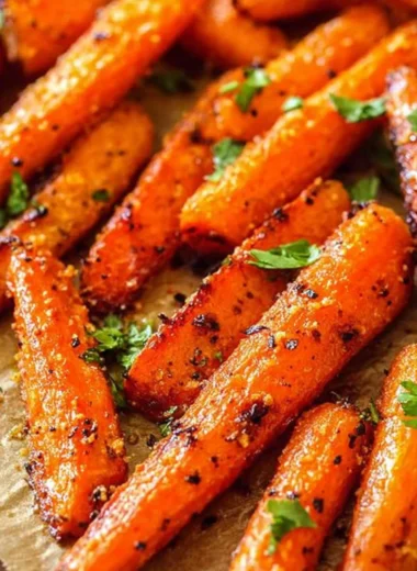 Plate of roasted garlic parmesan carrots garnished with parsley
