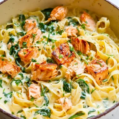 Delicious Salmon Pasta with White Wine Cream Sauce in a bowl