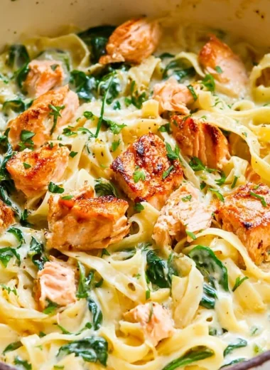 Delicious Salmon Pasta with White Wine Cream Sauce in a bowl