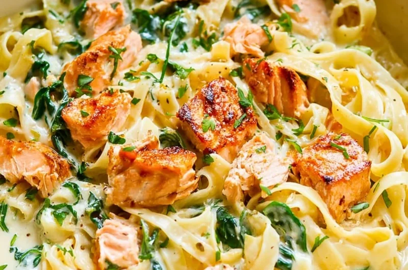 Delicious Salmon Pasta with White Wine Cream Sauce in a bowl