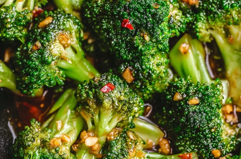 Sautéed broccoli with garlic stir-fry sauce on a plate