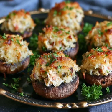 Plate of savory crab stuffed mushrooms garnished with herbs