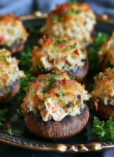 Plate of savory crab stuffed mushrooms garnished with herbs