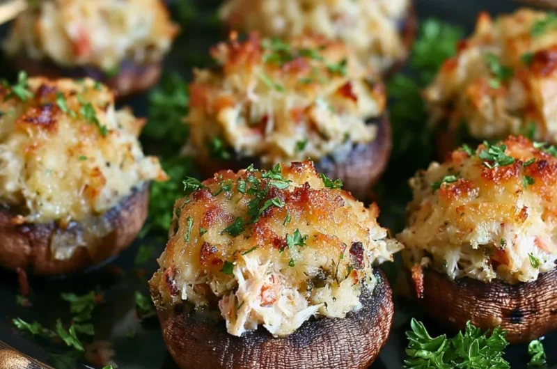 Plate of savory crab stuffed mushrooms garnished with herbs