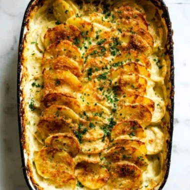 Creamy and cheesy scalloped potatoes baked to golden perfection.