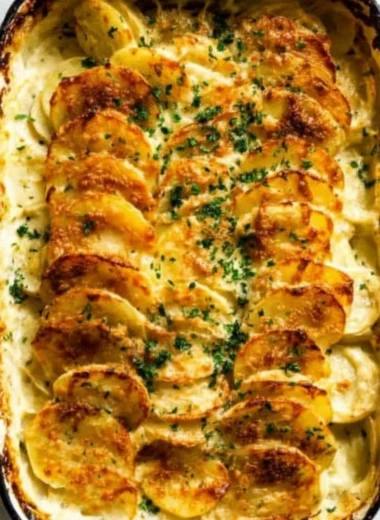 Creamy and cheesy scalloped potatoes baked to golden perfection.
