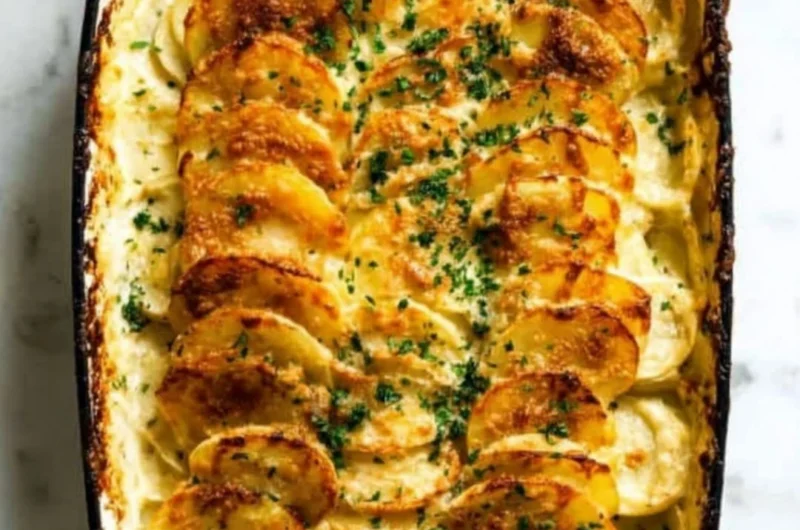 Creamy and cheesy scalloped potatoes baked to golden perfection.