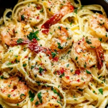 Shrimp pasta in garlic butter white wine sauce served in a bowl