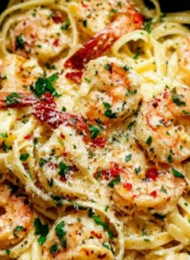 Shrimp pasta in garlic butter white wine sauce served in a bowl