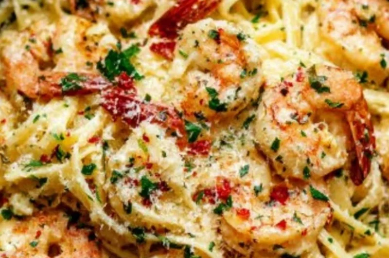 Shrimp pasta in garlic butter white wine sauce served in a bowl