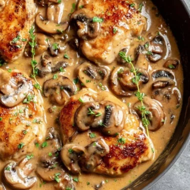 Skillet chicken with mushroom wine sauce served on a plate