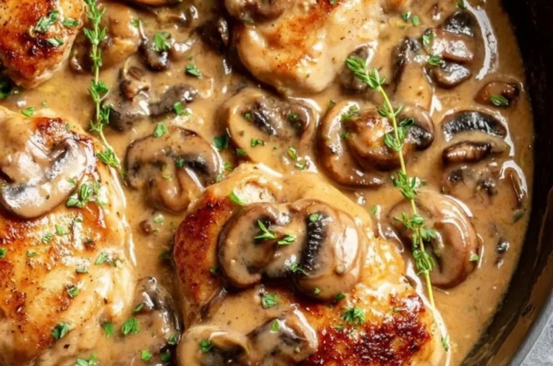Skillet chicken with mushroom wine sauce served on a plate