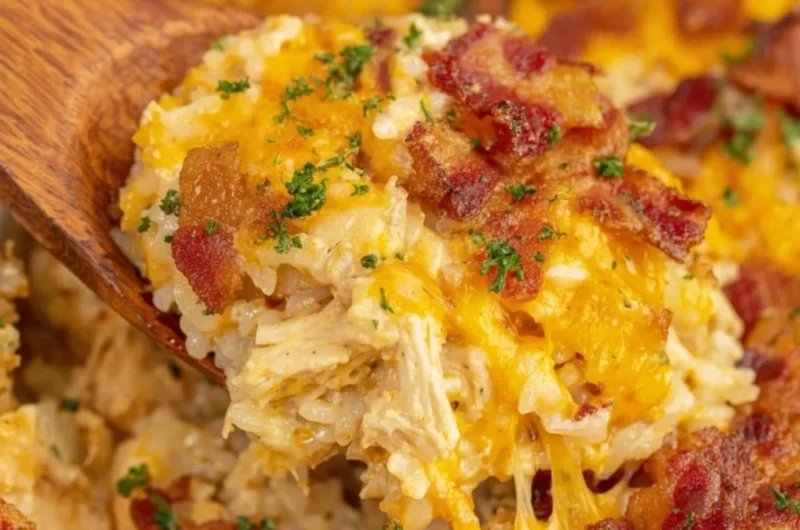 Bowl of slow cooker crack chicken and rice served with garnishments