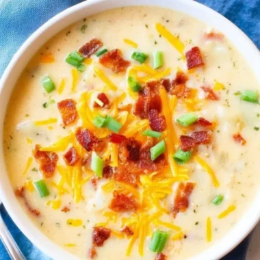 Bowl of creamy slow cooker potato soup garnished with herbs.
