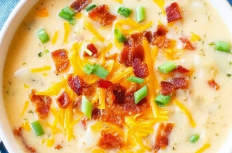 Bowl of creamy slow cooker potato soup garnished with herbs.