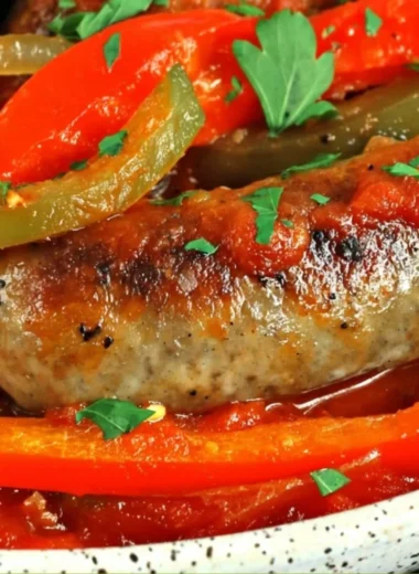 Slow Cooker Sausage and Peppers and Onions in a bowl