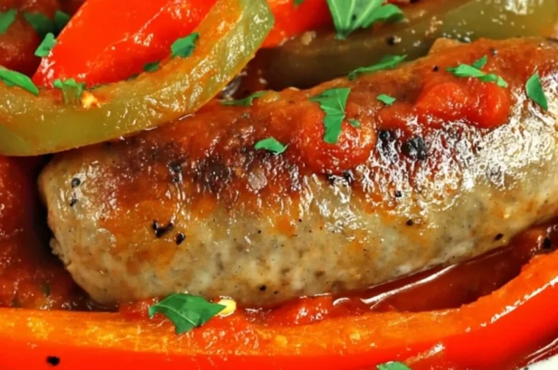 Slow Cooker Sausage and Peppers and Onions in a bowl