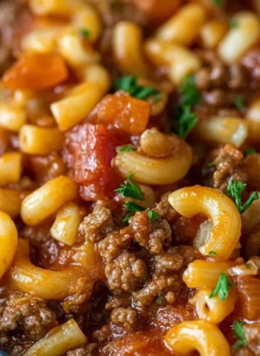Delicious Southern Style Goulash with meat and pasta in a savory sauce