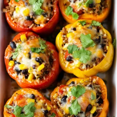 Delicious Southwestern stuffed bell peppers filled with rice, beans, and spices.