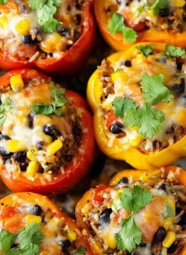 Delicious Southwestern stuffed bell peppers filled with rice, beans, and spices.