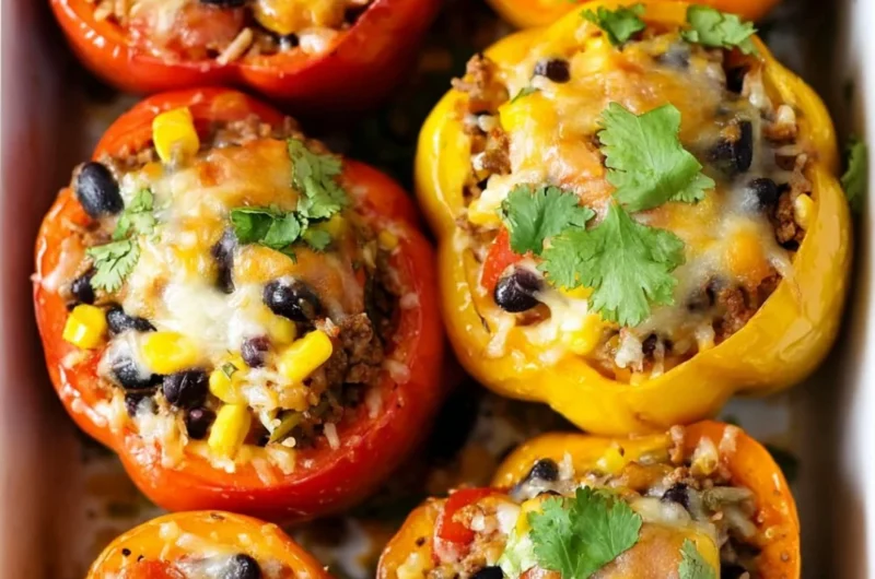 Delicious Southwestern stuffed bell peppers filled with rice, beans, and spices.
