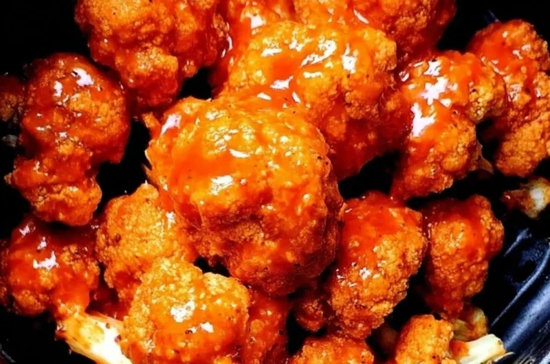 Spicy air fryer Buffalo cauliflower bites served with dipping sauce
