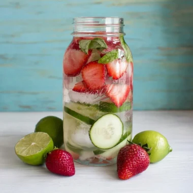 Strawberry lime and mint infused water in a glass with fresh ingredients