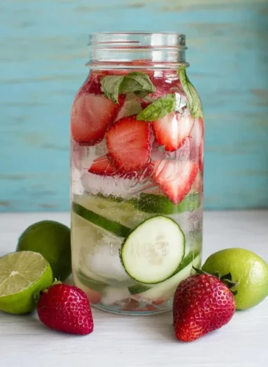 Strawberry lime and mint infused water in a glass with fresh ingredients