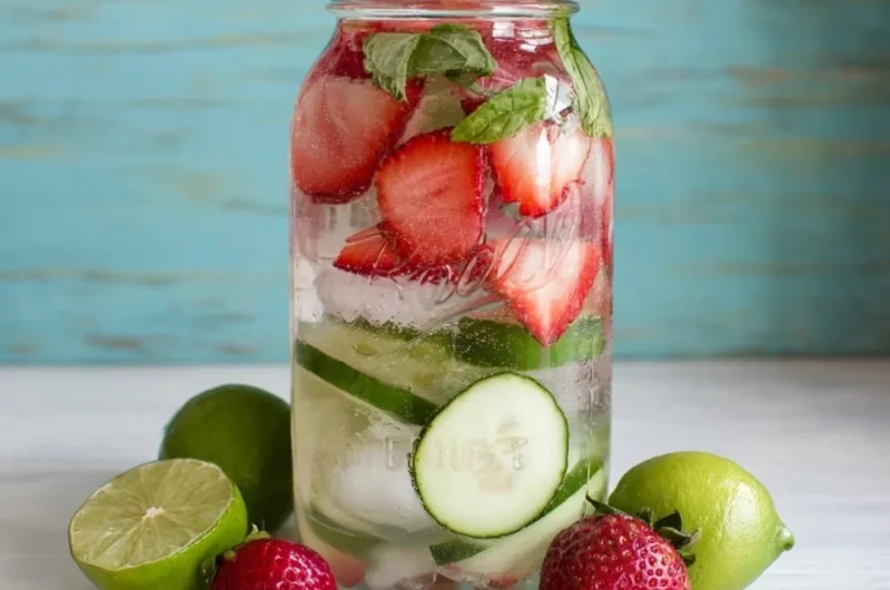 Strawberry lime and mint infused water in a glass with fresh ingredients