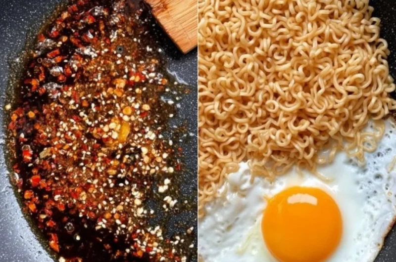 Delicious bowl of Sweet & Spicy Ramen Noodles topped with fresh ingredients