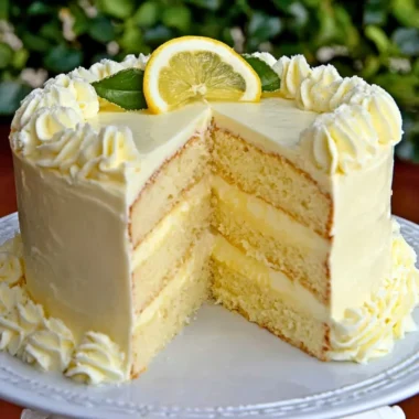 Tangy lemon cheesecake cake with a creamy layer and lemon zest topping.