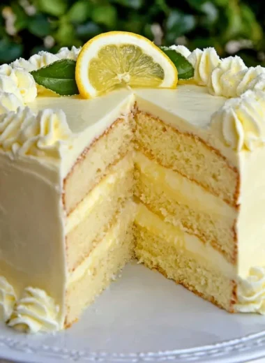 Tangy lemon cheesecake cake with a creamy layer and lemon zest topping.