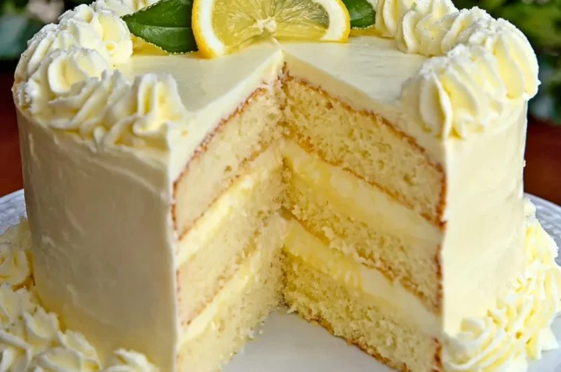 Tangy lemon cheesecake cake with a creamy layer and lemon zest topping.