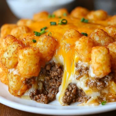 Delicious Tater Tot Casserole topped with cheese and crispy tater tots