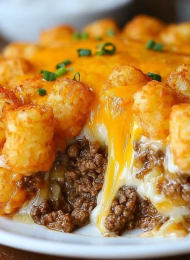 Delicious Tater Tot Casserole topped with cheese and crispy tater tots