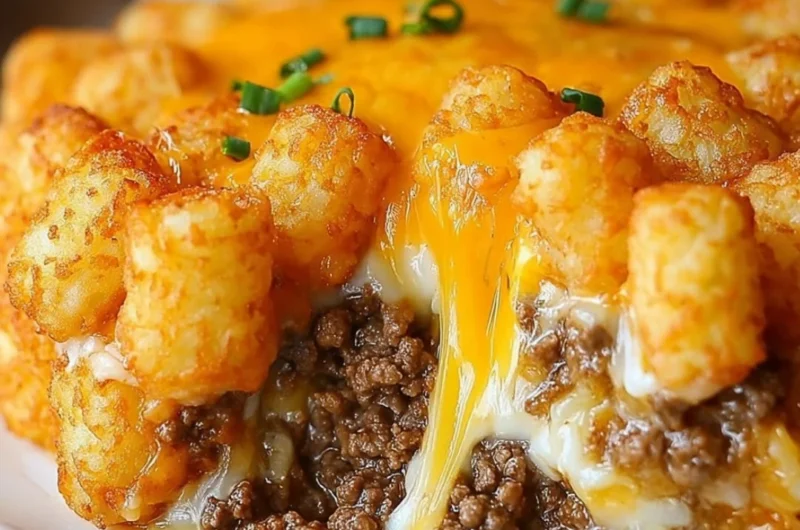 Delicious Tater Tot Casserole topped with cheese and crispy tater tots