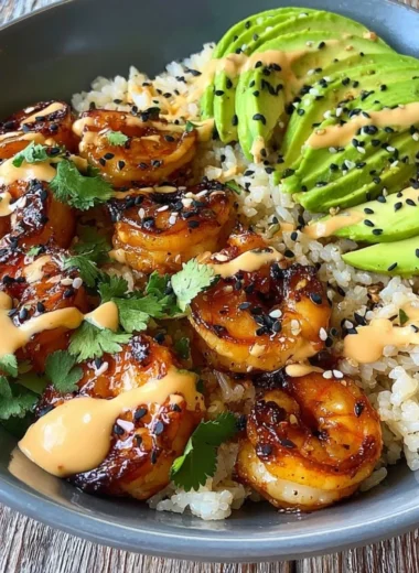 Healthy Teriyaki Shrimp Rice Bowl with colorful vegetables and rice