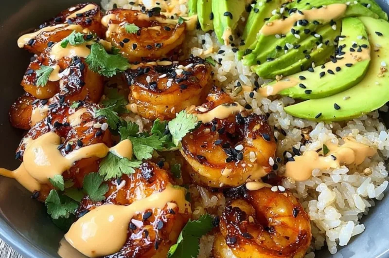 Healthy Teriyaki Shrimp Rice Bowl with colorful vegetables and rice