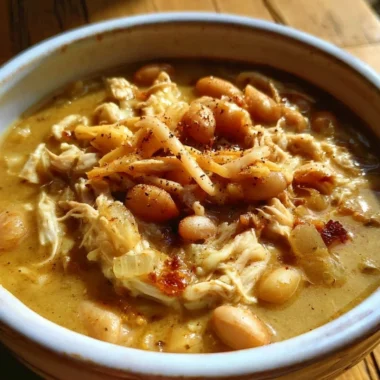 Bowl of white cheddar chicken chili with apples and spices, garnished