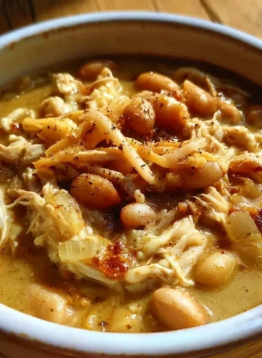Bowl of white cheddar chicken chili with apples and spices, garnished