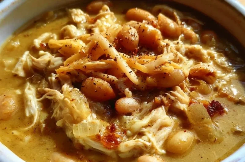 Bowl of white cheddar chicken chili with apples and spices, garnished