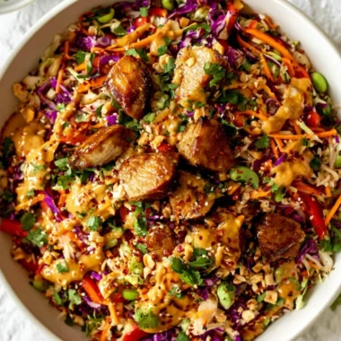 Delicious Asian Chicken Crunch Salad with veggies and dressing