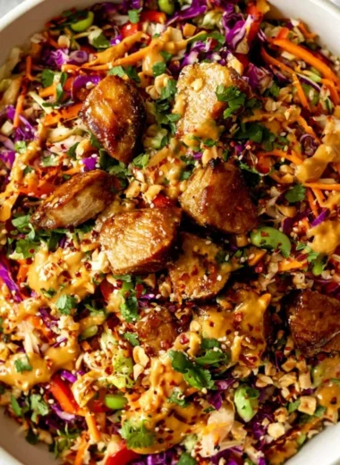 Delicious Asian Chicken Crunch Salad with veggies and dressing