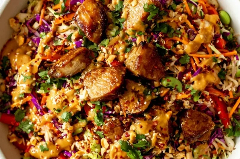 Delicious Asian Chicken Crunch Salad with veggies and dressing
