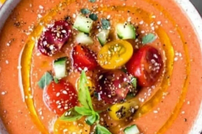 Bowl of authentic Tomato Gazpacho served with fresh vegetables and herbs