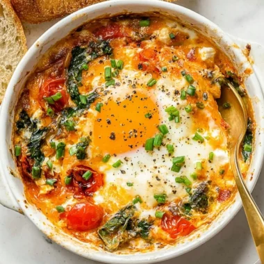 Baked feta eggs with tomatoes and spinach served in a rustic dish